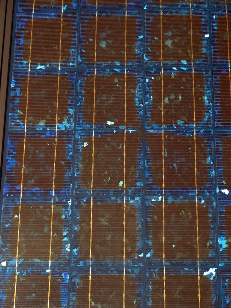 Close-up of solar cells on a photovoltaic panel, showing a grid of blue and brown crystalline silicon cells with metallic connector lines